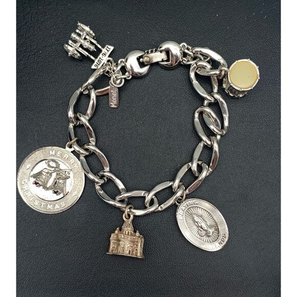 Monet Jewelry - Vintage MONET Chunky Silver Tone Charm Bracelet with 5 Charms & Safety Chain